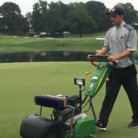 2017 Intern, Angus Vos, mowing greens at the 2017 PGA Championship at Quail Hollow